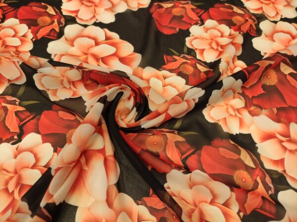 Tessuto Chiffon a fantasia motivo floreale rosso - nero