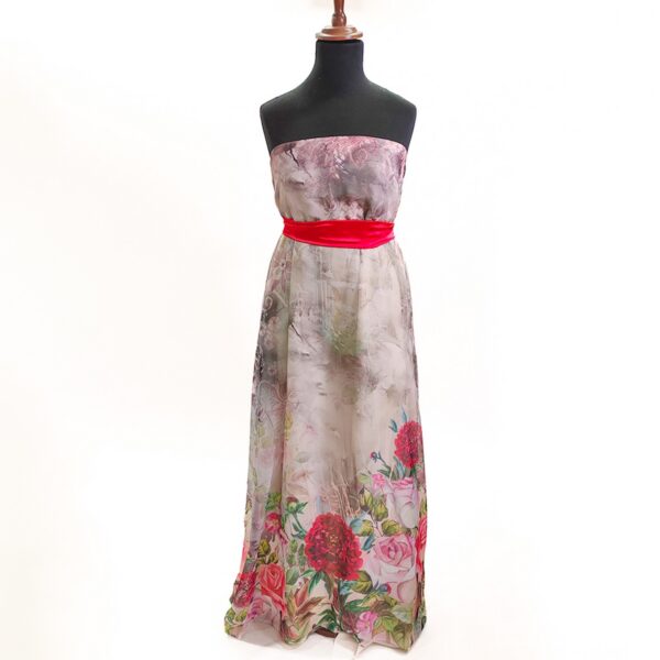 Tessuto Chiffon a fantasia motivo floreale grigio panna - rosso - rosa