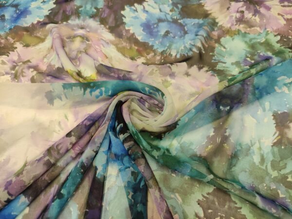 Tessuto Chiffon a fantasia motivo floreale turchese - lavanda