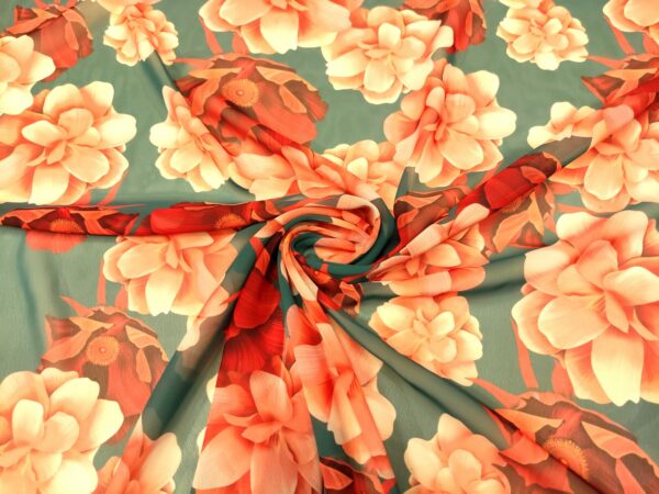 Tessuto Chiffon a fantasia motivo floreale verde petrolio - corallo