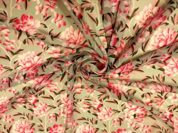 Tessuto Chiffon a fantasia motivo floreale verde salvia - fucsia