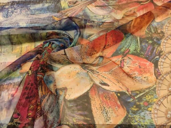 Tessuto Chiffon a fantasia motivo floreale vinaccio - arancione