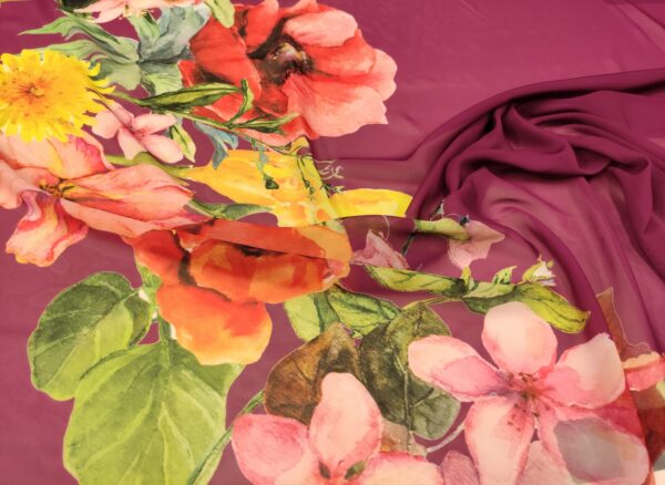 Tessuto Chiffon a fantasia motivo floreale vinaccio - rosso