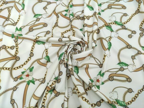 Tessuto Misto Viscosa a fantasia motivo floreale barocco bianco - verde