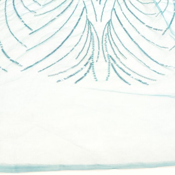 Tessuto Tulle mano seta ricamato con paillettes e con perline motivo astratto verde ottanio