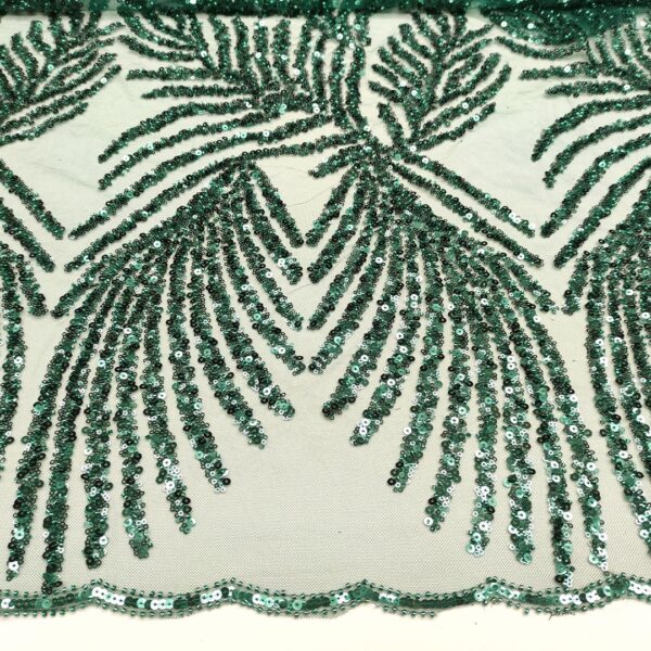 Tessuto Tulle mano seta doppio smerlo ricamato con paillettes e con perline motivo astratto verde bottiglia
