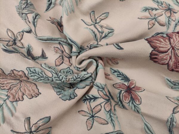 Tessuto Broccato in seta motivo floreale acquamarina - rosa