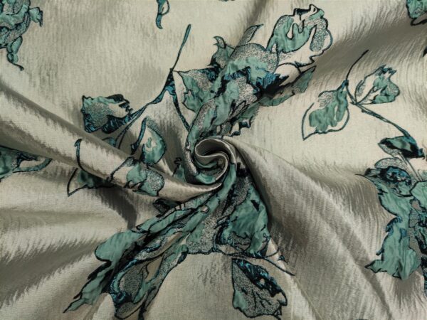 Tessuto Broccato in seta motivo floreale verde ottanio - oro