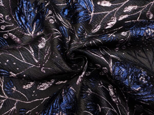 Tessuto Broccato in seta motivo floreale blu - nero