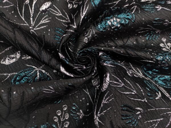 Tessuto Broccato in seta motivo floreale verde ottanio - nero