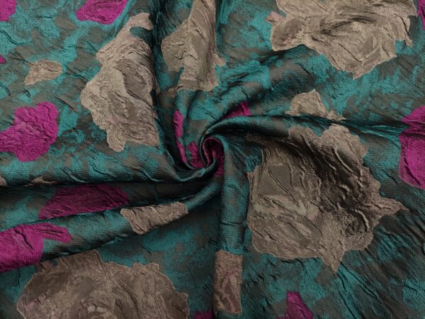 Tessuto Broccato in seta motivo floreale verde ottanio - magenta