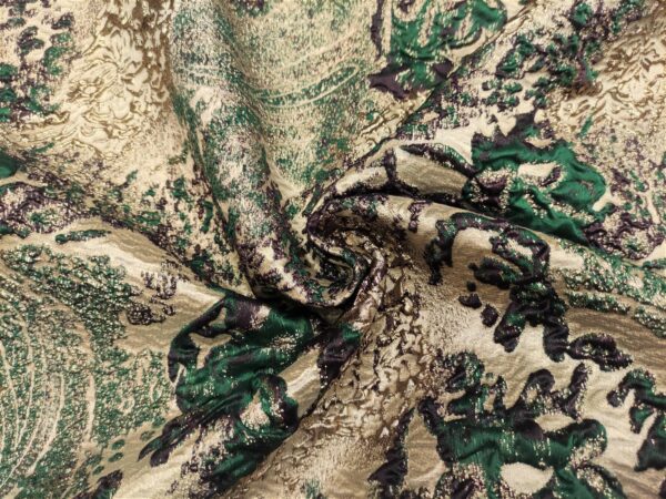 Tessuto Broccato in seta motivo floreale verde bottiglia - oro - viola