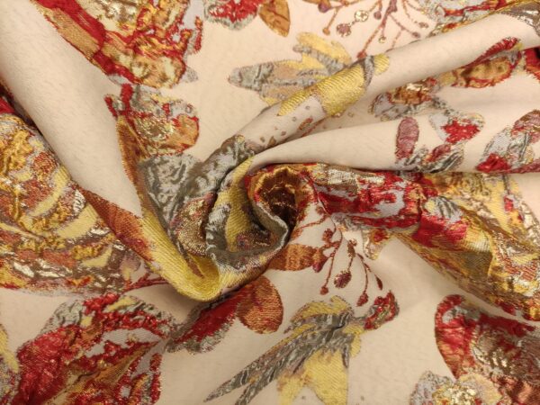 Tessuto Broccato in seta motivo floreale verde oro - arancio - rosso