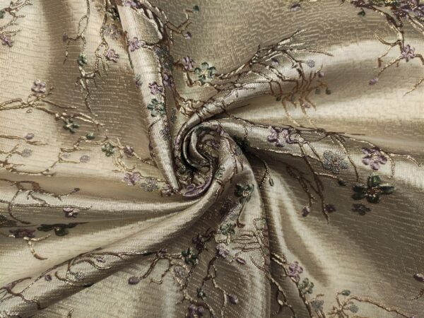 Tessuto Broccato in seta motivo floreale verde salvia - lilla - oro