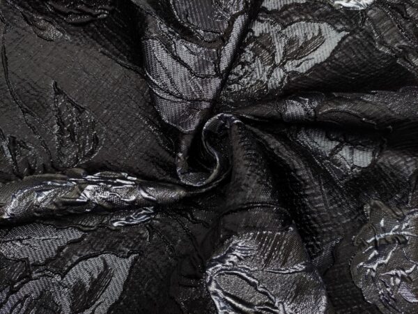 Tessuto Broccato in seta motivo floreale argento - nero