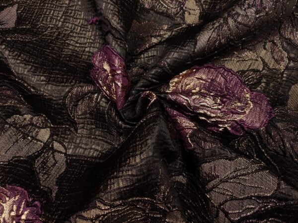 Tessuto Broccato in seta motivo floreale viola - tortora - nero