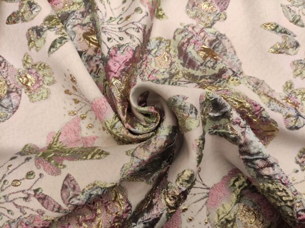 Tessuto Broccato in seta motivo floreale verde salvia - oro - rosa