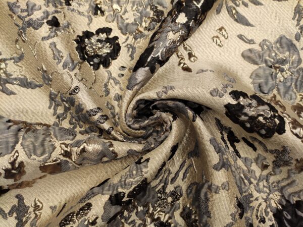Tessuto Broccato in seta motivo floreale oro - grigio - nero