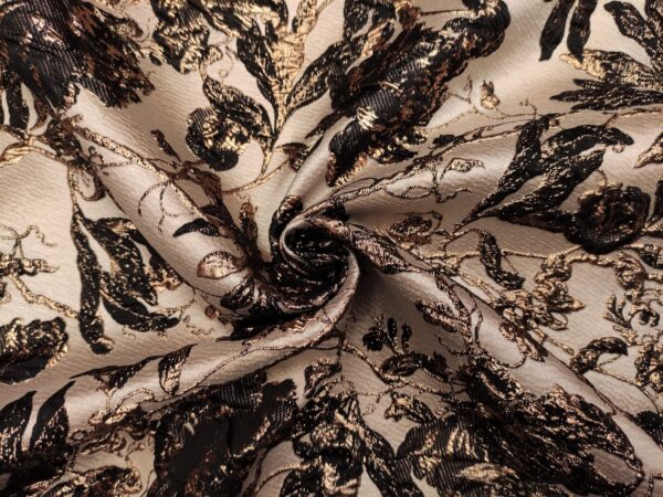 Tessuto Broccato in seta motivo floreale verde oro - nero