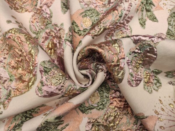 Tessuto Broccato in seta motivo floreale verde salvia - rosa