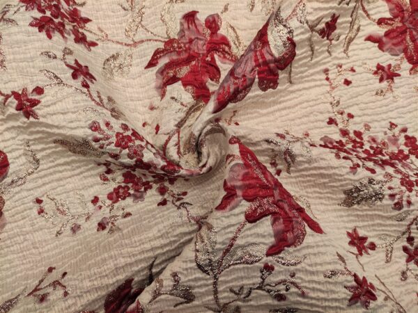 Tessuto Broccato in seta motivo floreale verde panna - rosso - oro
