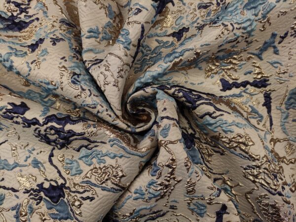Tessuto Broccato in seta motivo astratto celeste - oro - blu