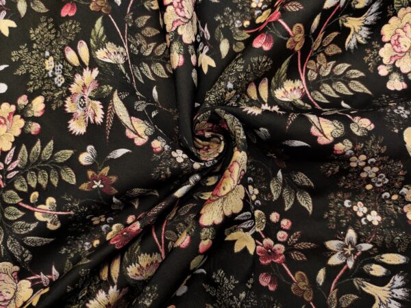Tessuto Broccato in seta motivo floreale nero - giallo