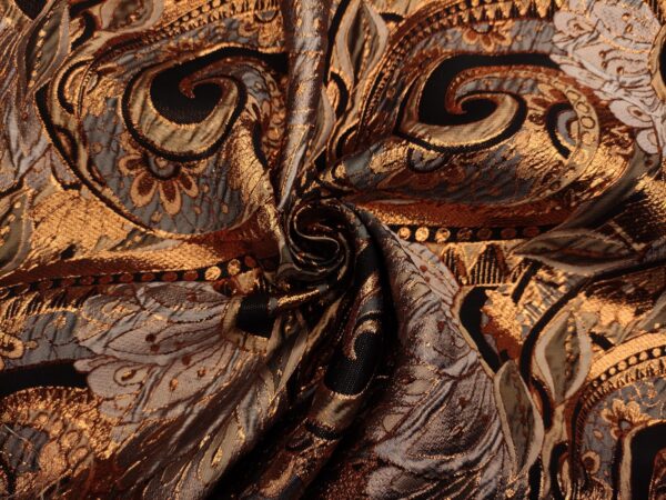 Tessuto Broccato in seta motivo floreale cashmere bronzo - nero - oro