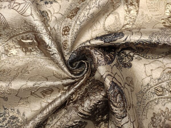 Tessuto Broccato in seta motivo floreale cashmere oro - blu