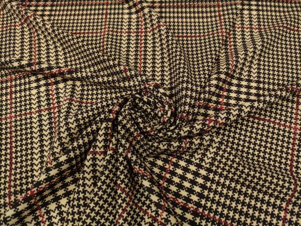 Tessuto Crepe a fantasia motivo piede de poule beige - nero - bordeaux