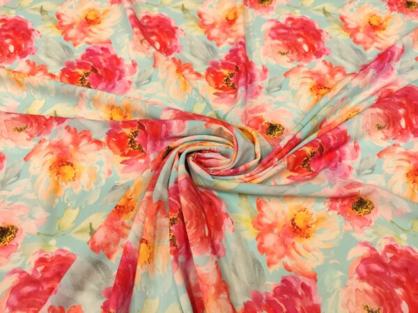 Tessuto Crepe a fantasia motivo floreale celeste - corallo