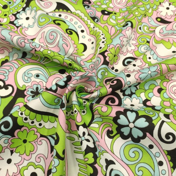Tessuto Gabardine di Cotone a fantasia motivo astratto nero - verde - fucsia