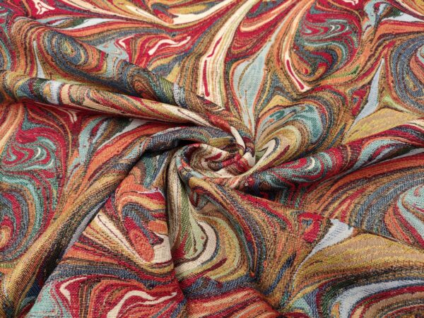 Tessuto Gobelin a fantasia motivo astratto bordeaux - arancione - verde - carta da zucchero