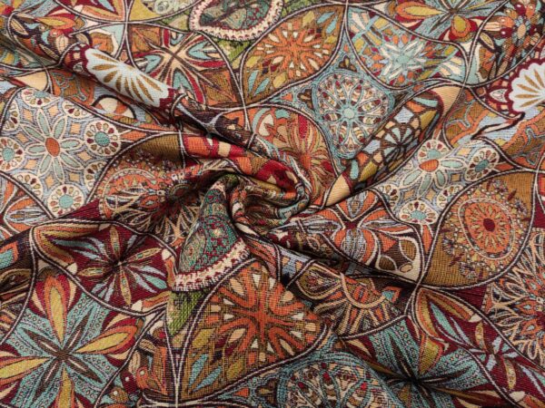 Tessuto Gobelin a fantasia motivo etnico beige - arancione - carta da zucchero - bordeaux