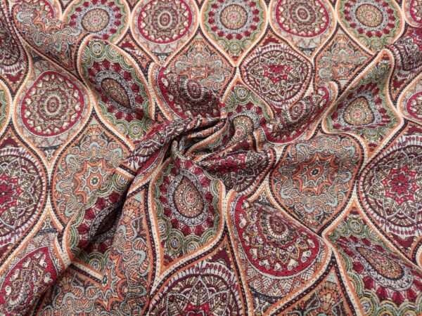 Tessuto Gobelin a fantasia motivo etnico beige - arancione - verde  - bordeaux
