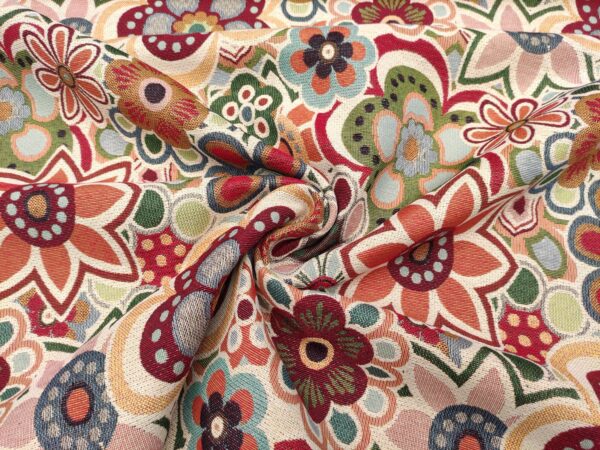 Tessuto Gobelin a fantasia motivo floreale beige - arancione carta da zucchero - bordeaux