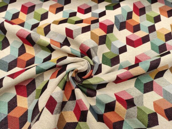 Tessuto Gobelin a fantasia motivo geometrico beige - arancione - verde - rosso