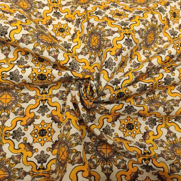 Tessuto misto cotone per arredamento a fantasia motivo geometrico ocra - tortora - bianco