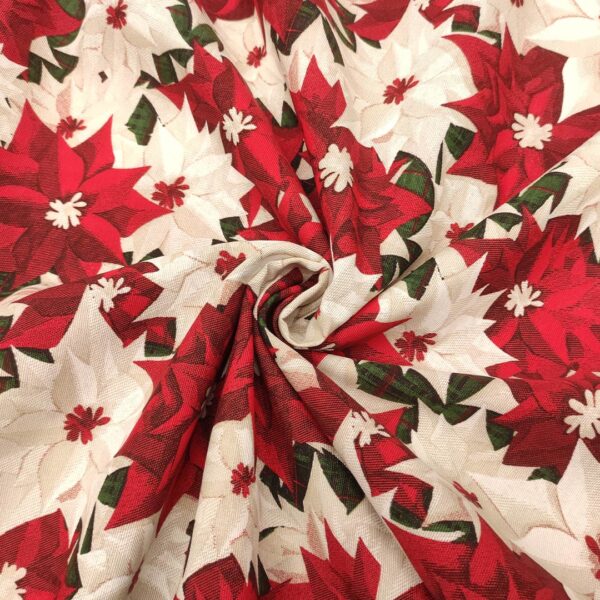 Tessuto Natalizio Decorativo a fantasia misto cotone con rosa di Natale rosso - beige