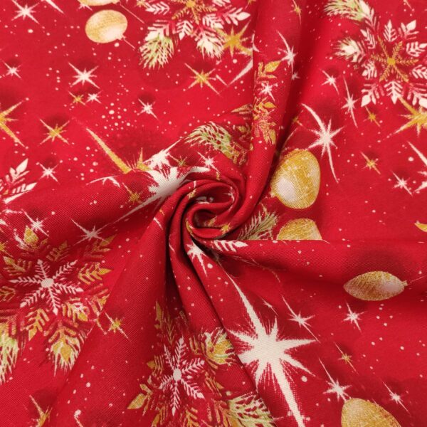 Tessuto Natalizio Decorativo a fantasia misto cotone con rosa di Natale rosso - oro