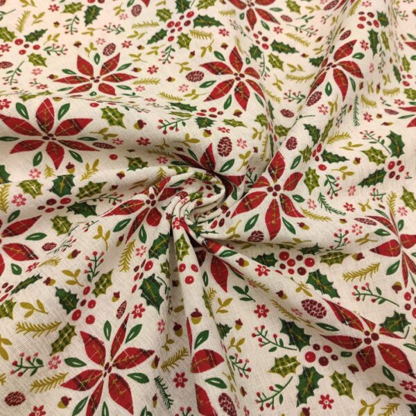 Tessuto Natalizio Decorativo a fantasia misto cotone con rosa di Natale rosso - verde - bianco