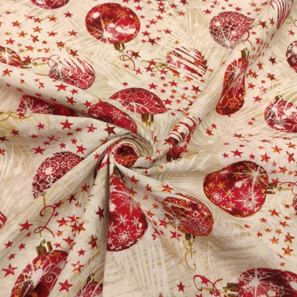 Tessuto Natalizio Decorativo a fantasia misto cotone con sfere rosso - beige