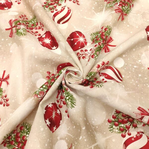 Tessuto Natalizio Decorativo a fantasia misto cotone con sfere rosso - bianco - beige