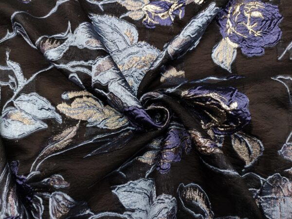 Tessuto Organza jacquard motivo floreale nero - celeste polvere - blu
