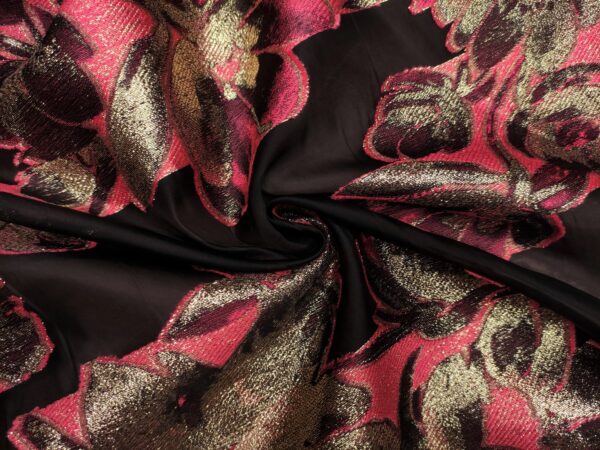 Tessuto Organza jacquard motivo floreale nero - oro - fucsia