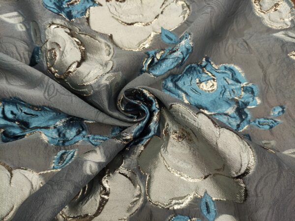 Tessuto Organza jacquard motivo floreale verde ottanio - oro - tortora