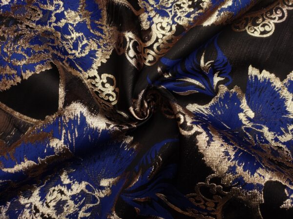 Tessuto Organza jacquard motivo floreale blu elettrico - oro - nero