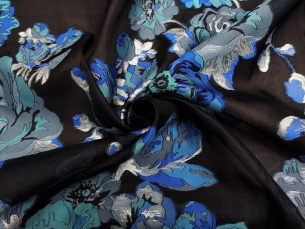 Tessuto Organza jacquard motivo floreale nero - blu elettrico - grigio