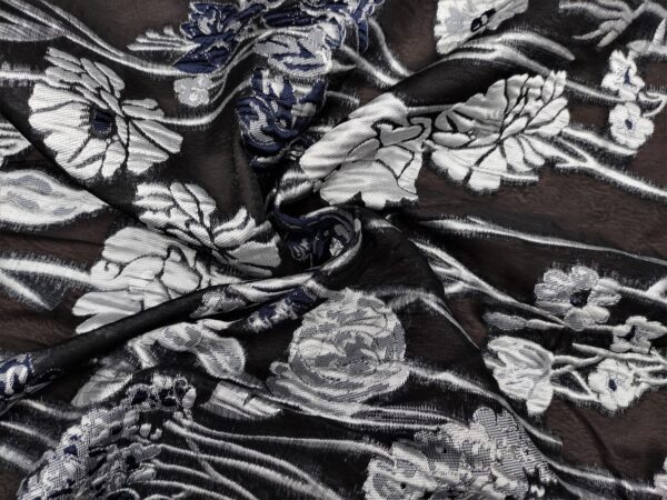 Tessuto Organza jacquard motivo argento - blu