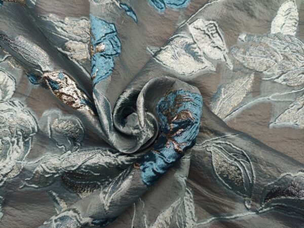 Tessuto Organza jacquard motivo floreale grigio - verde ottanio - oro